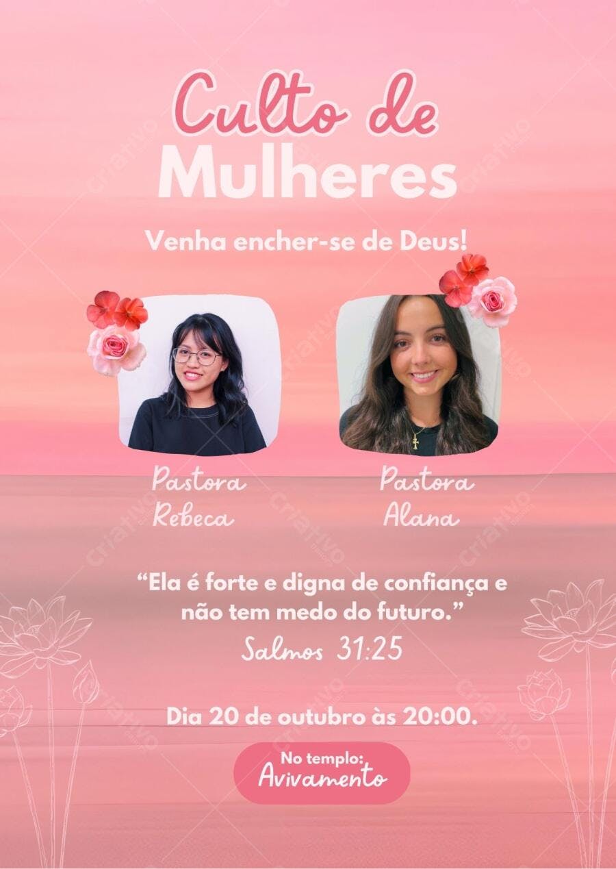 Convite Culto de Mulheres cristãs rosa flores e fotos Editável no Canva