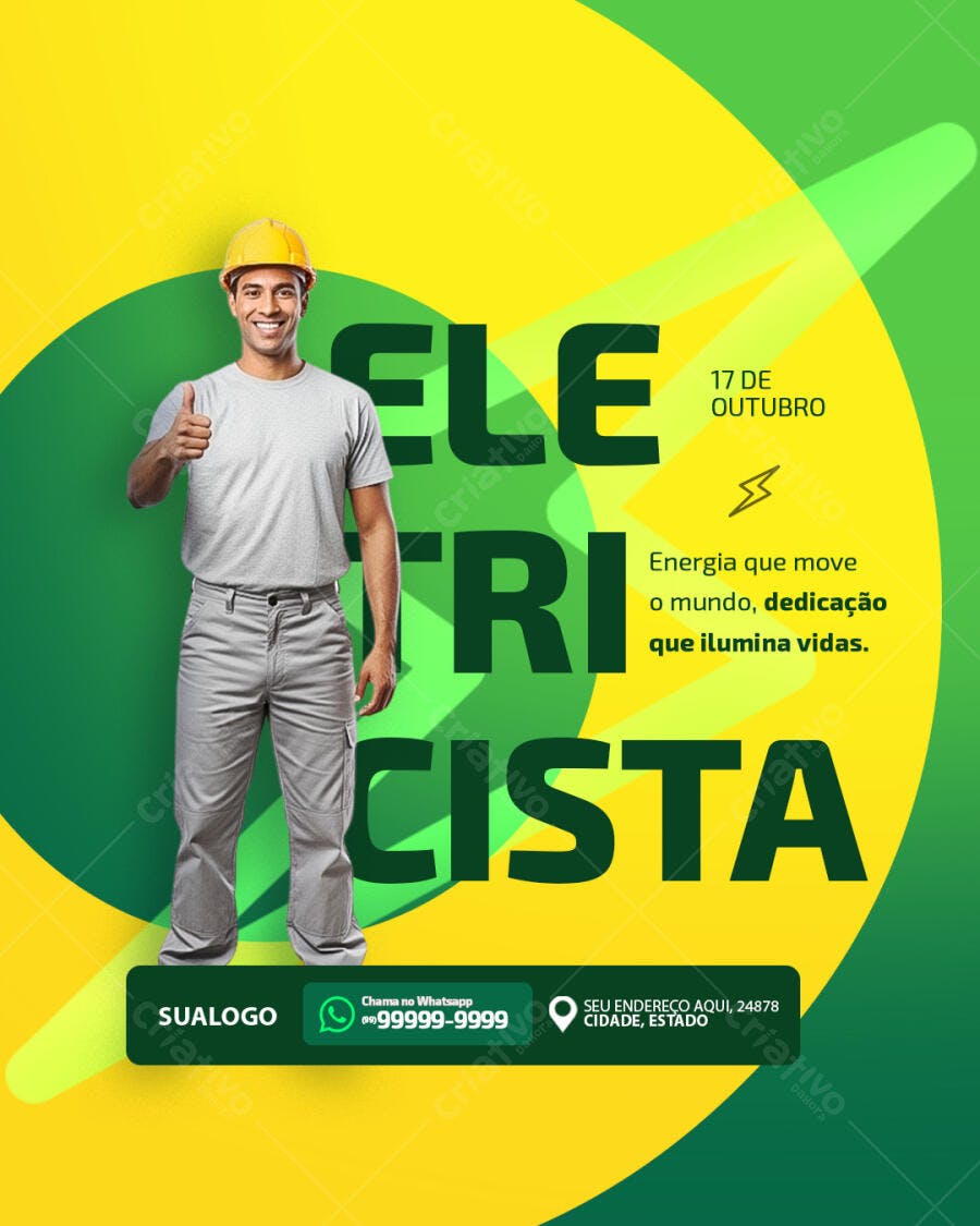 Flyer Eletricista 17 Outubro Homem Sorridente Capacete Amarelo PSD Editável