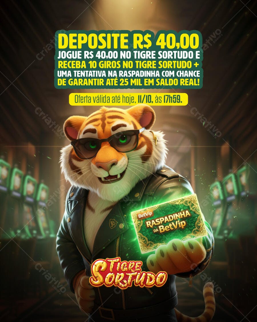 Flyer Promocional Tigre Sortudo Raspadinha BetVip PSD Editável