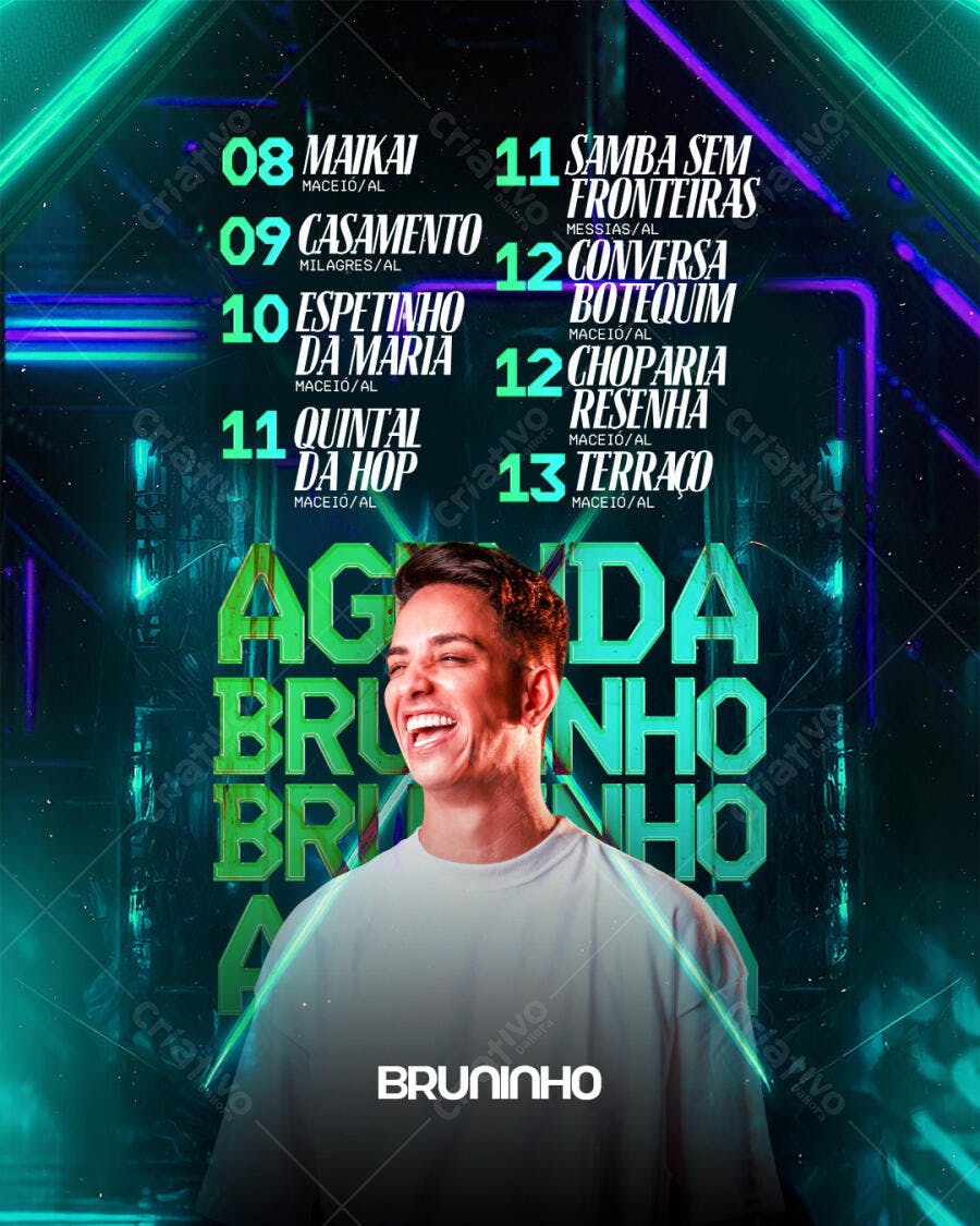 Flyer Agenda de Shows Bruninho com Design Neon PSD Editável
