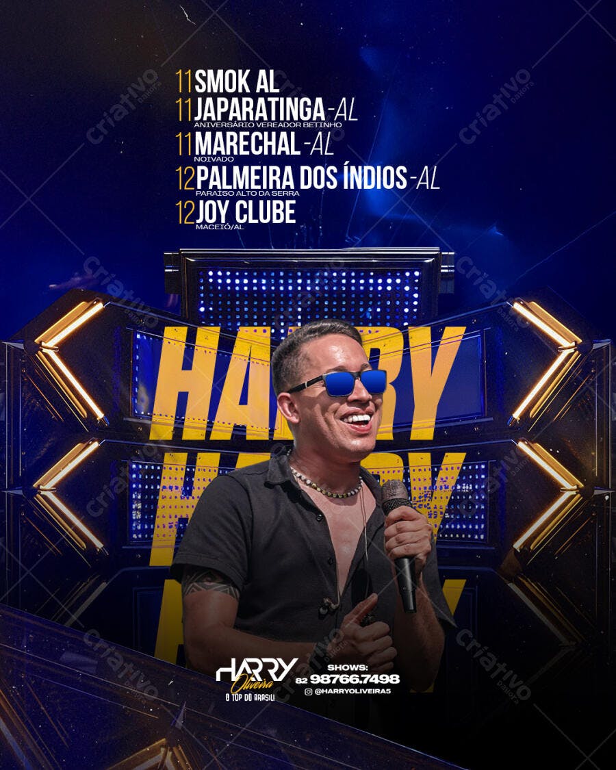 Flyer Show para Divulgação Cantor Harry Oliveira Óculos Azuis e Microfone PSD Editável