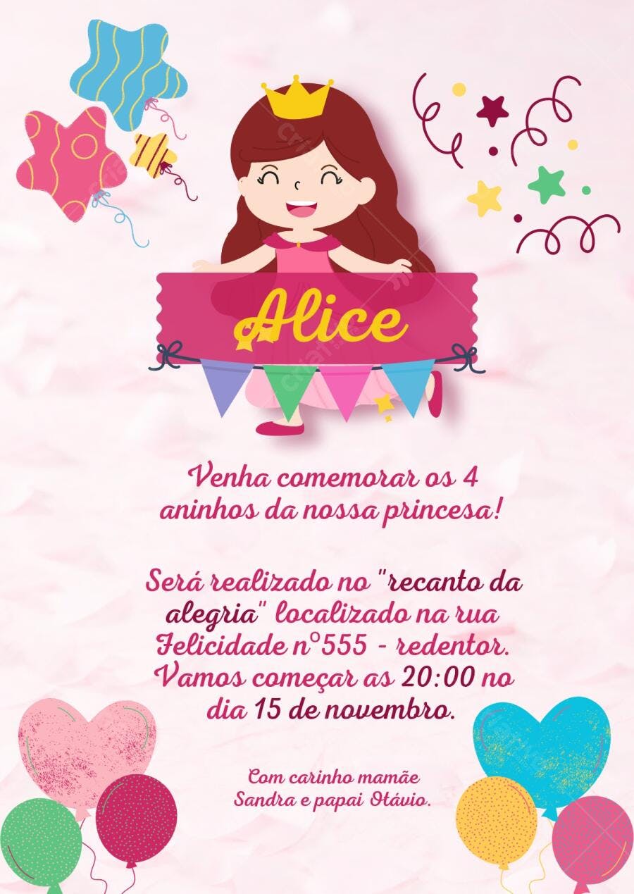 Convite de aniversário infantil princesa com coroa rosa e dourada e balões coloridos Editável no Canva