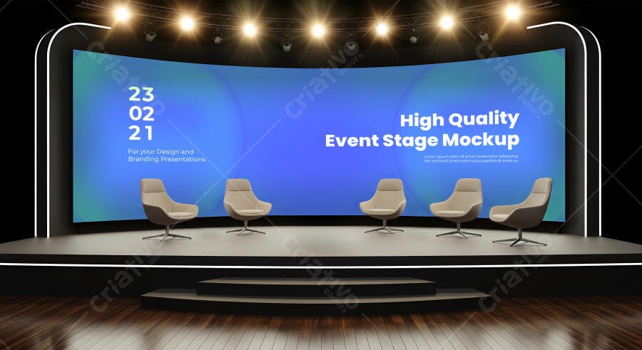 Mockup de Palco de Eventos Corporativos com Telão LED Curvo Azul e Cadeiras Modernas