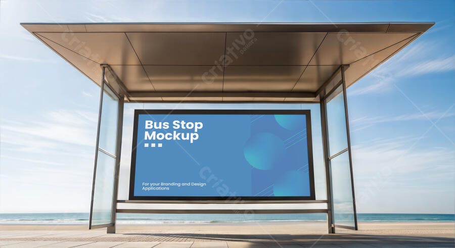 Mockup de Ponto de Ônibus Moderno com Outdoor Digital em Praia Ensolarada