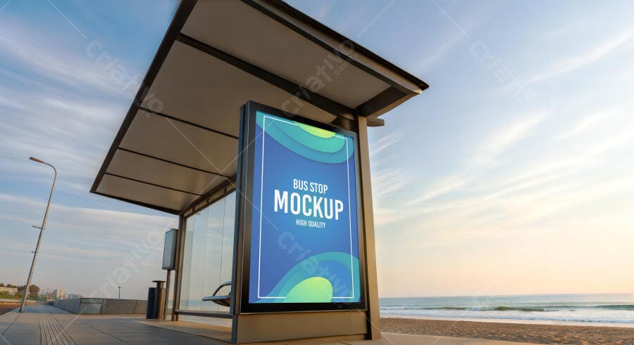 Mockup de Painel de Publicidade em Ponto de Ônibus Moderno na Orla da Praia