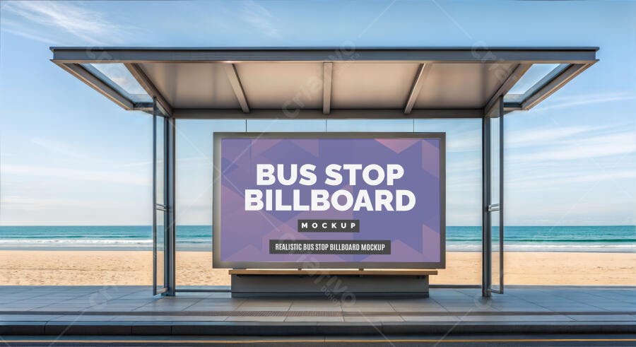 Mockup Outdoor Realista de Ponto de Ônibus na Praia com Billboard Roxo