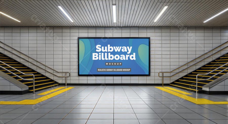 Mockup Realista de Outdoor em Estação de Metrô com Escadas e Sinalização Amarela