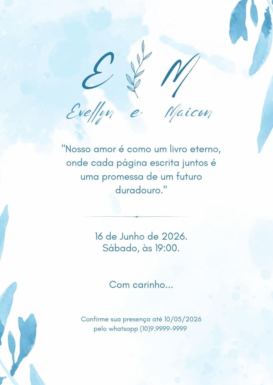 Convite de casamento azul aquarela elegante com folhagens Editável no Canva