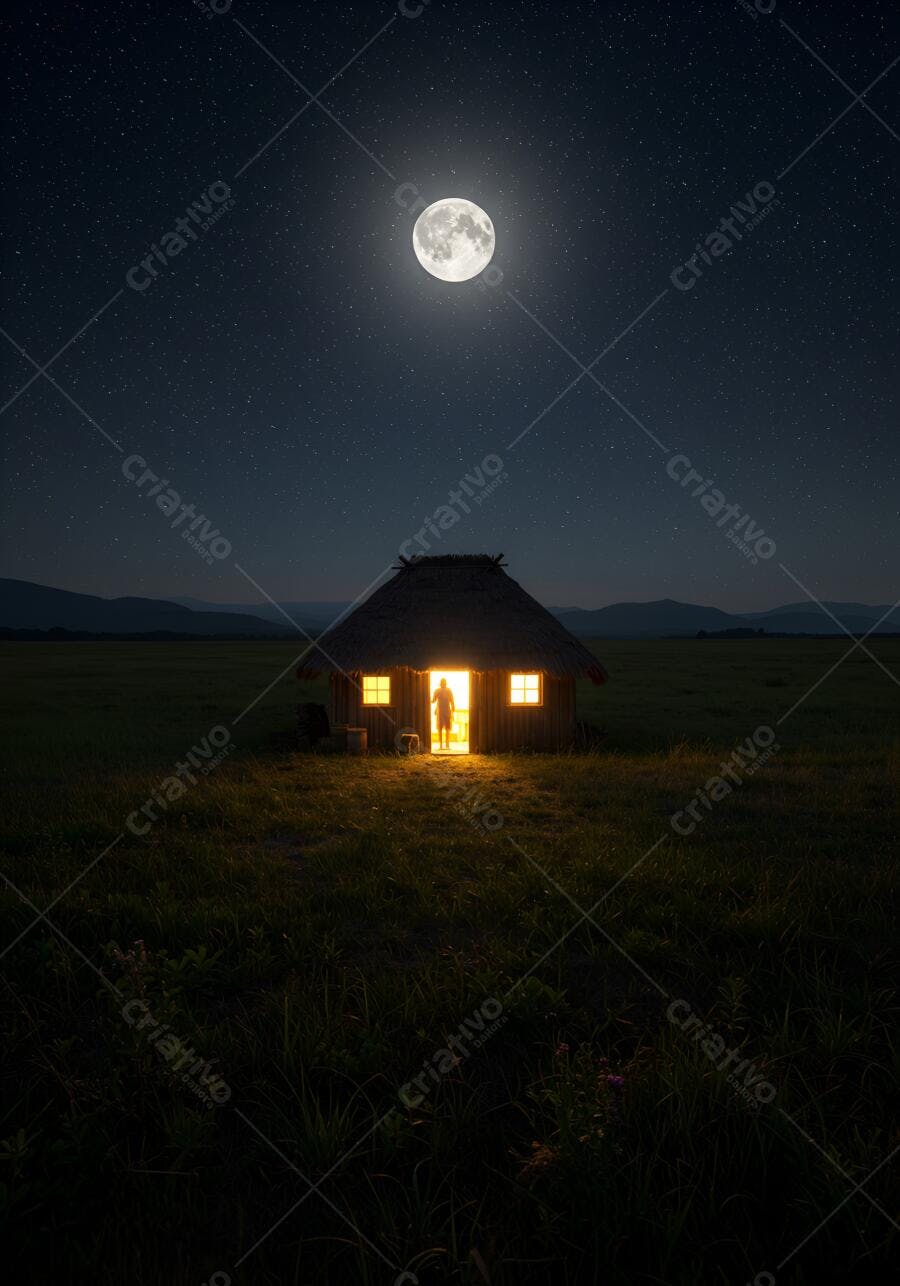 Casa rústica com telhado de palha e pessoa na porta sob lua cheia e campo estrelado