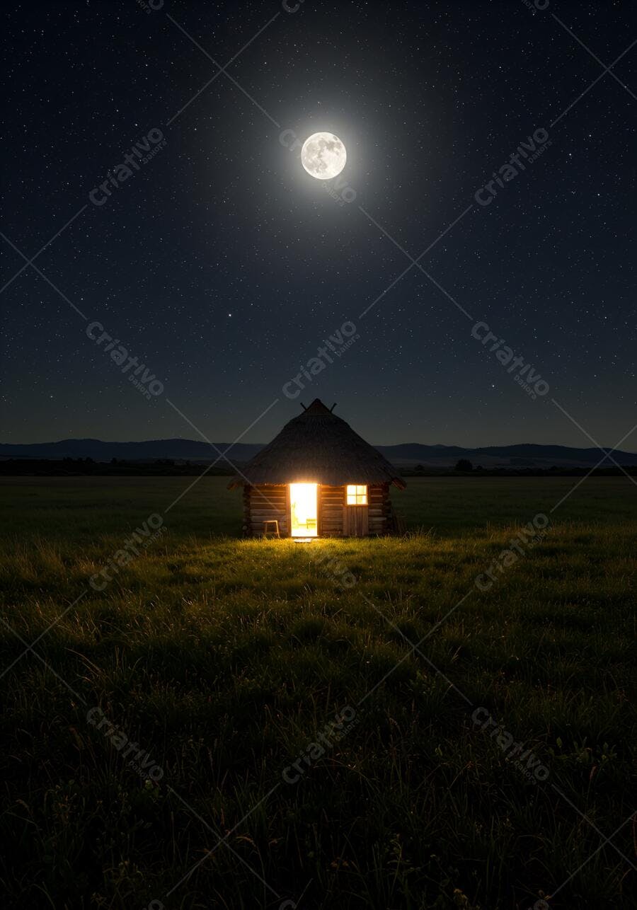 Cabana rústica iluminada sob lua cheia e céu estrelado à noite