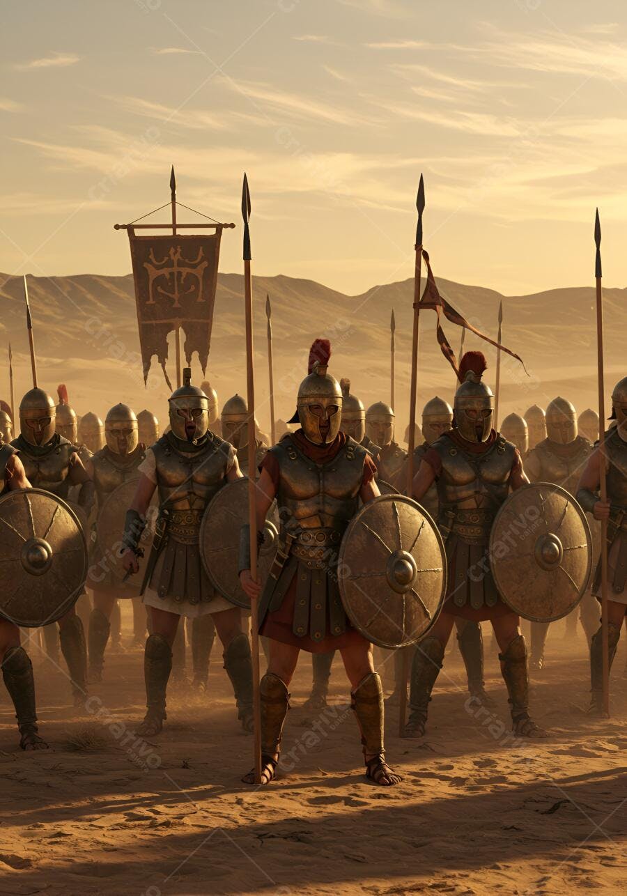 Guerreiros antigos com armadura dourada e vermelha marchando no deserto ao amanhecer
