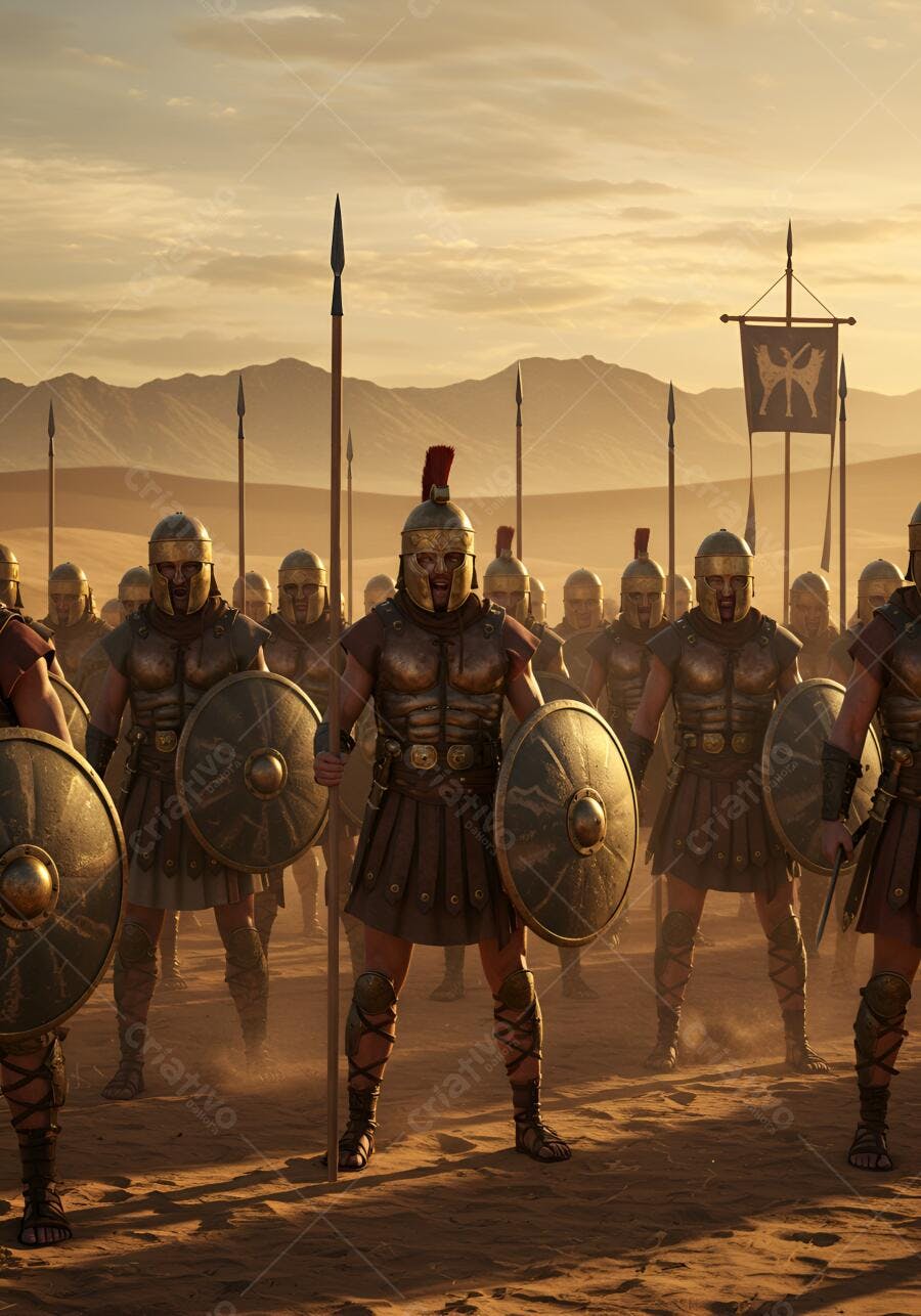 Guerreiros antigos em formação no deserto ao pôr do sol dourado