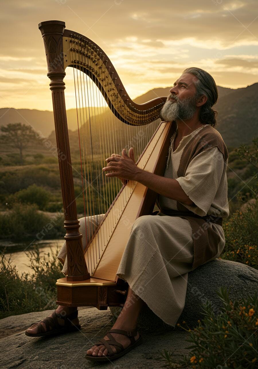 Homem barbudo tocando harpa antiga em entardecer dourado nas montanhas