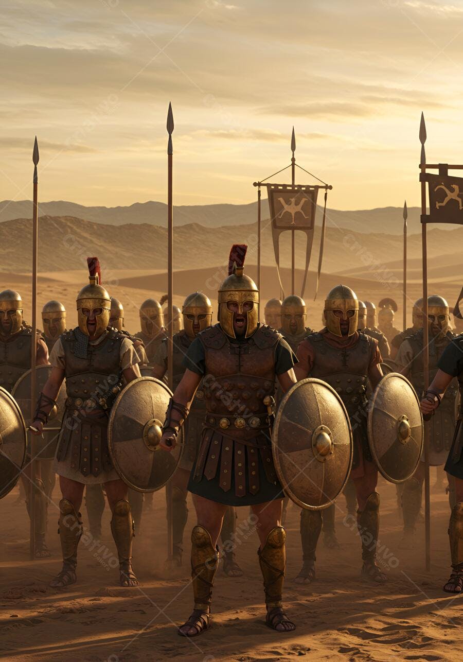 Guerreiros gregos em armadura dourada no deserto durante o amanhecer