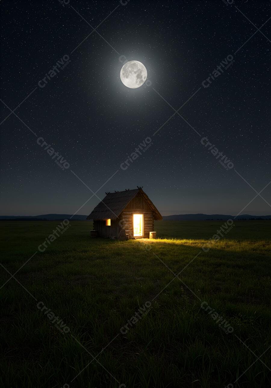 Cabana rústica iluminada sob lua cheia e céu estrelado à noite