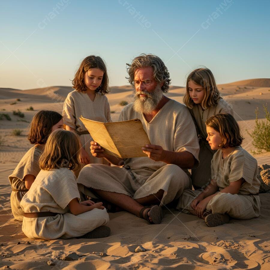 Homem idoso lendo para crianças no deserto ao entardecer com vestes antigas