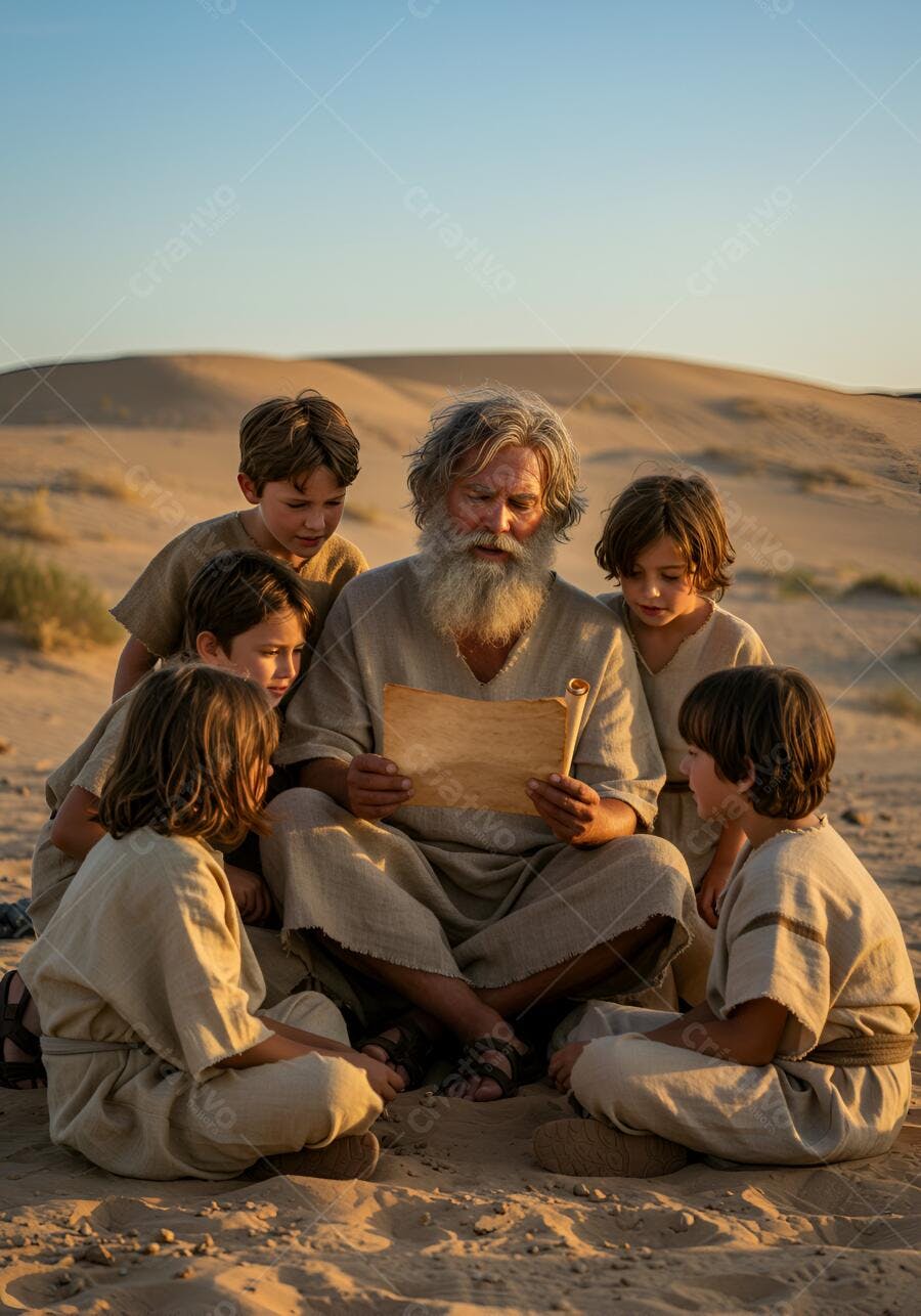 Homem idoso e meninos lendo pergaminho no deserto ao entardecer