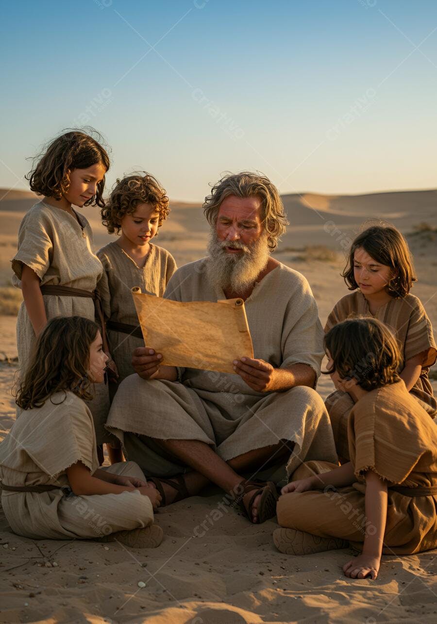 Ancião caucasiano ensinando crianças em vestes antigas no deserto