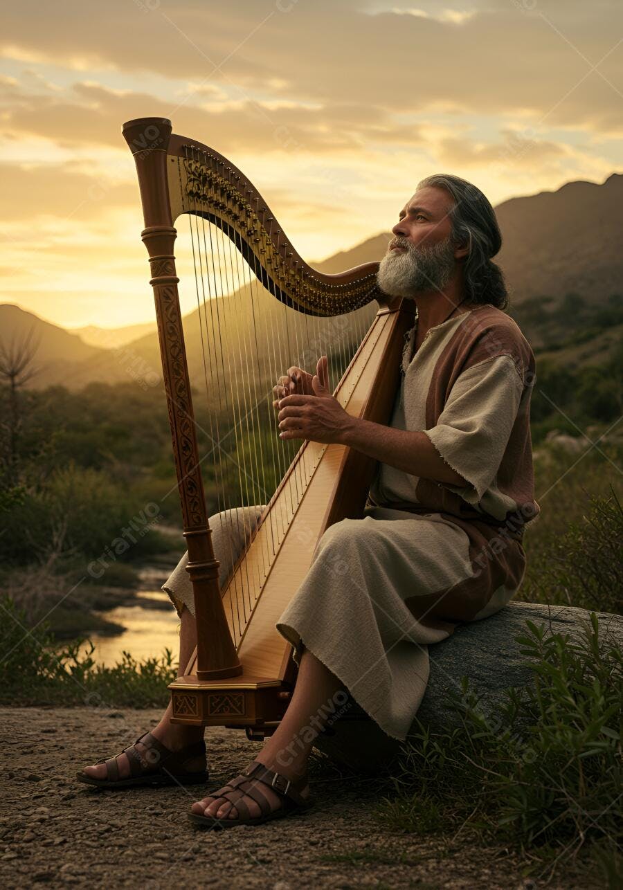 Homem barbudo tocando harpa antiga ao pôr do sol em montanhas desérticas