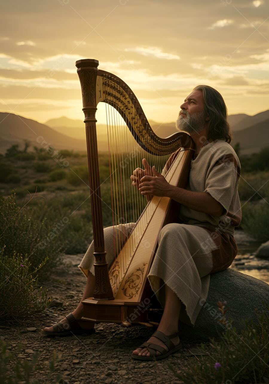 Homem barbudo tocando harpa antiga em paisagem árida ao pôr do sol dourado