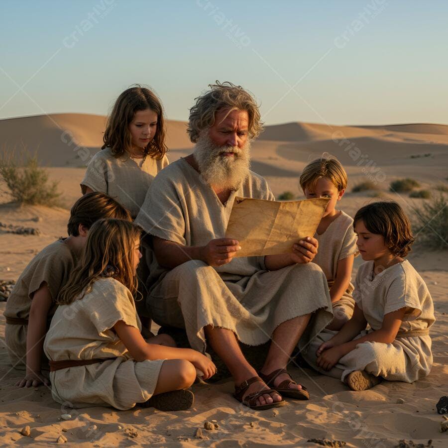Patriarca idoso com barba lendo pergaminho para crianças no deserto ao pôr do sol