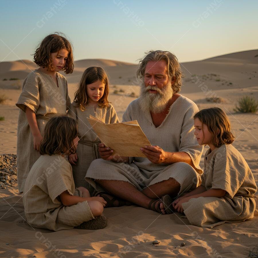 Homem idoso lendo livro antigo para quatro crianças no deserto ao entardecer