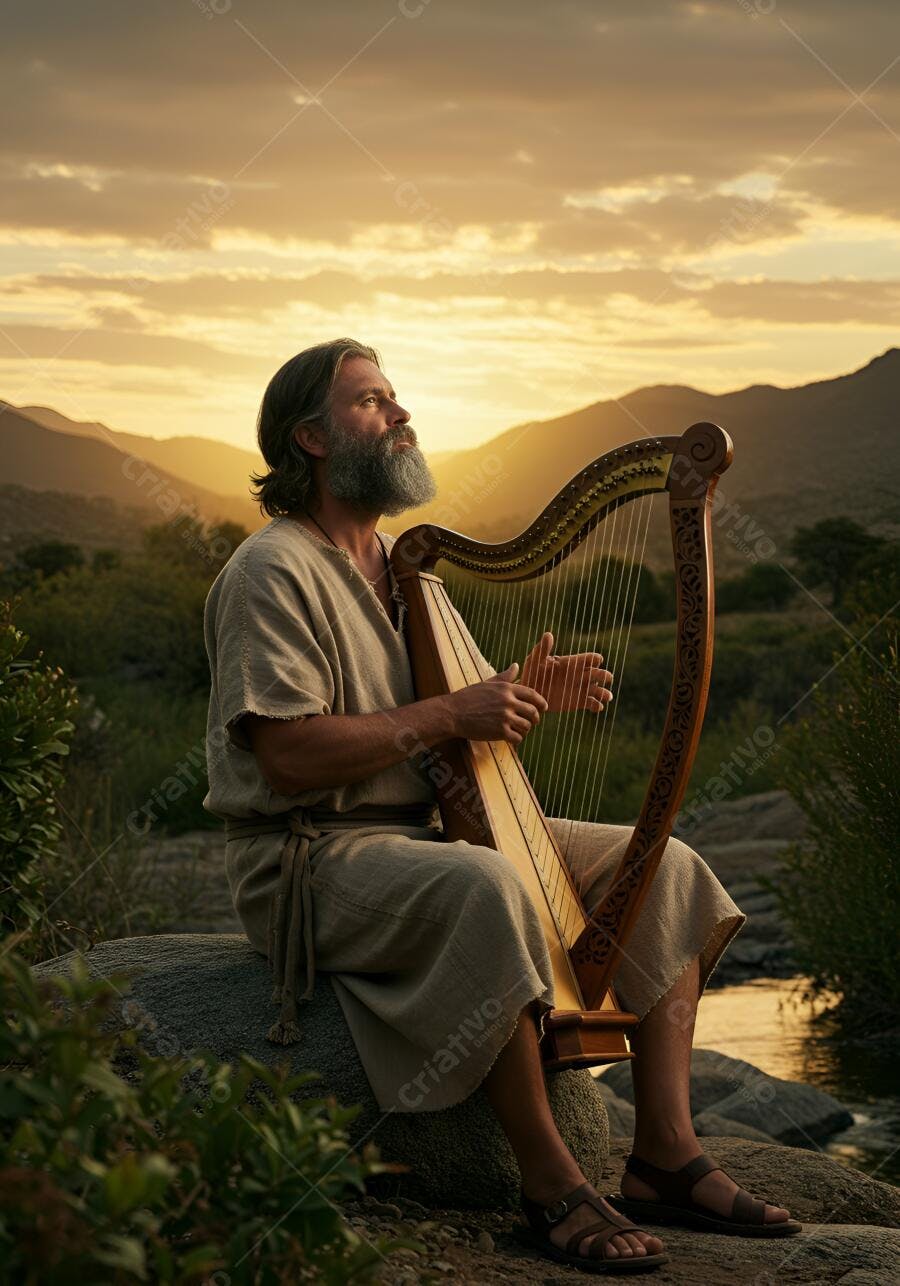 Homem barbudo tocando harpa antiga ao pôr do sol nas montanhas
