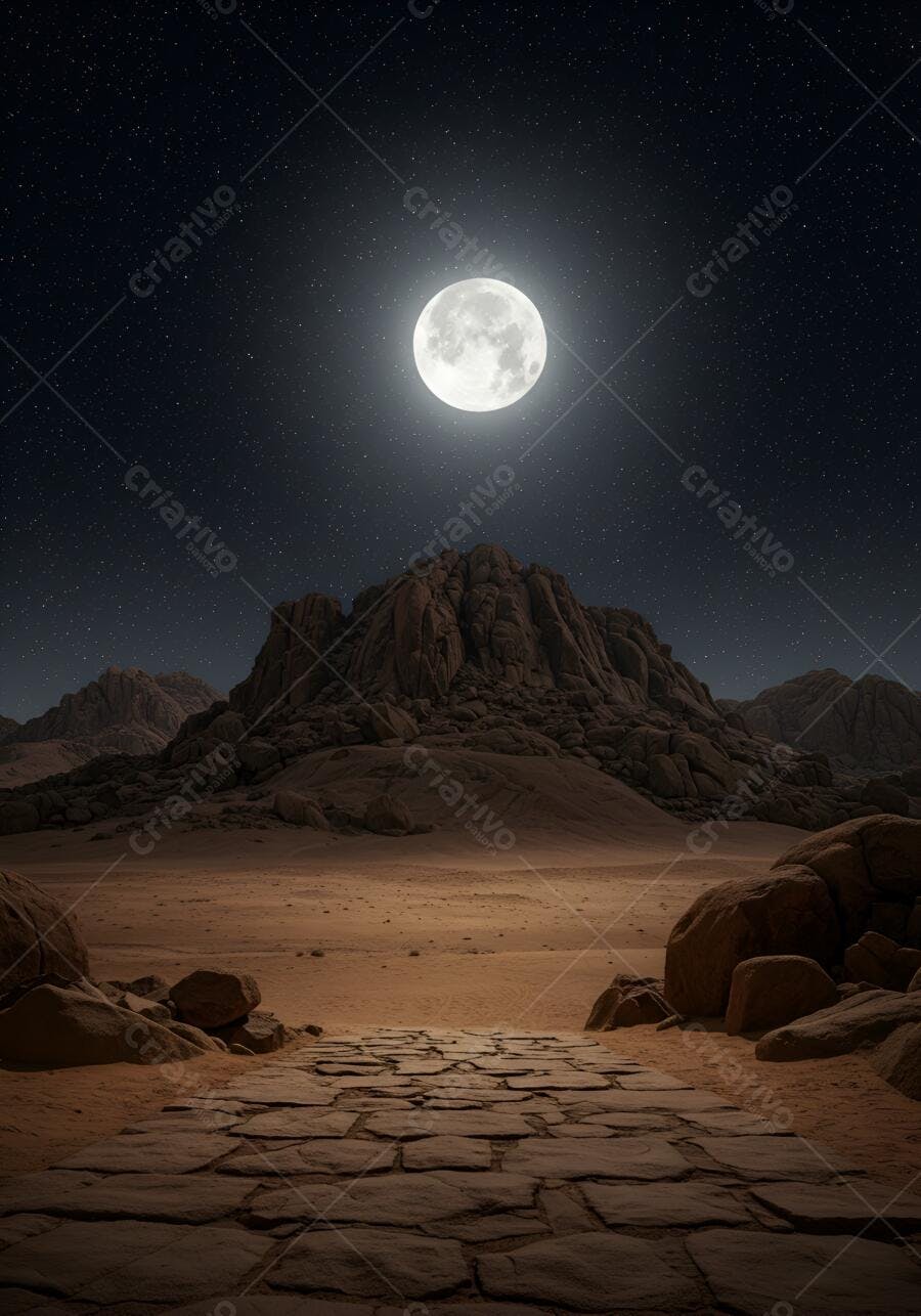 Deserto noturno com lua cheia brilhante sobre montanhas rochosas e trilha