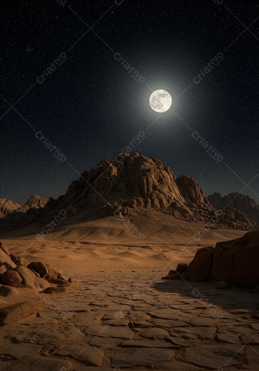 Deserto rochoso sob lua cheia brilhante e céu estrelado noturno