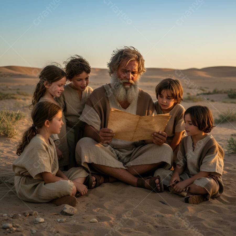 Ancião com barba lendo pergaminho para cinco crianças em trajes tradicionais no deserto