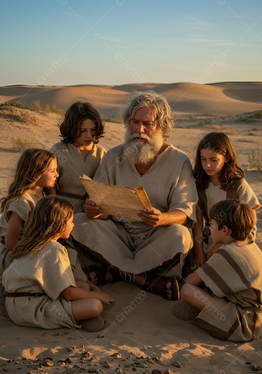 Homem sábio de barba branca lendo pergaminho para crianças no deserto ao pôr do sol