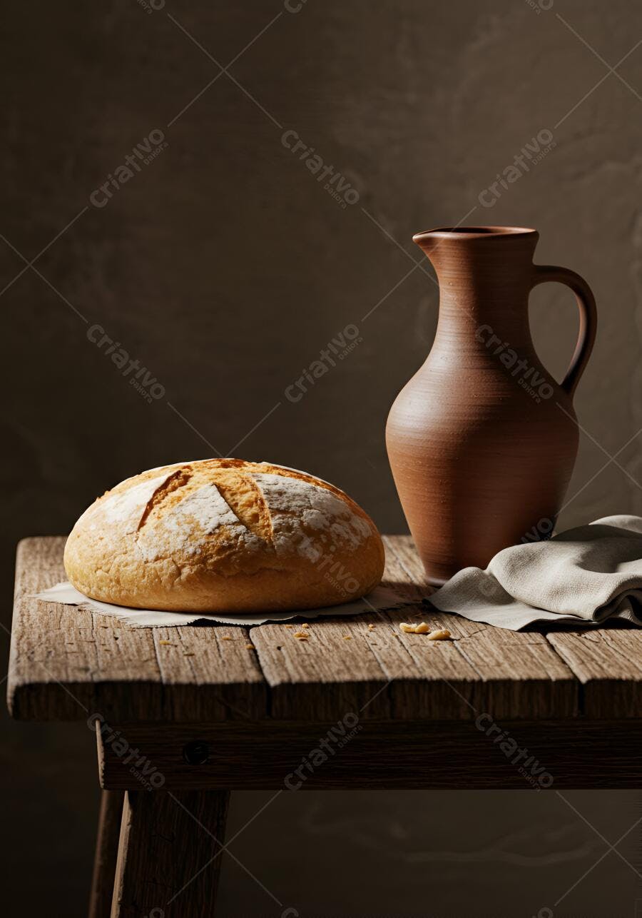 Pão rústico e jarra de barro em mesa de madeira escura
