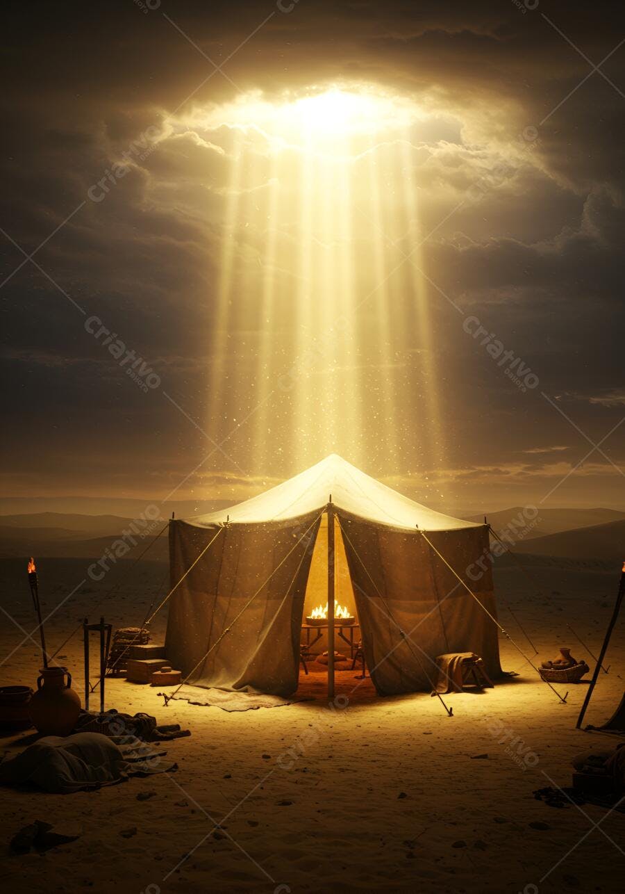 Tenda iluminada por luz divina no deserto árido ao entardecer