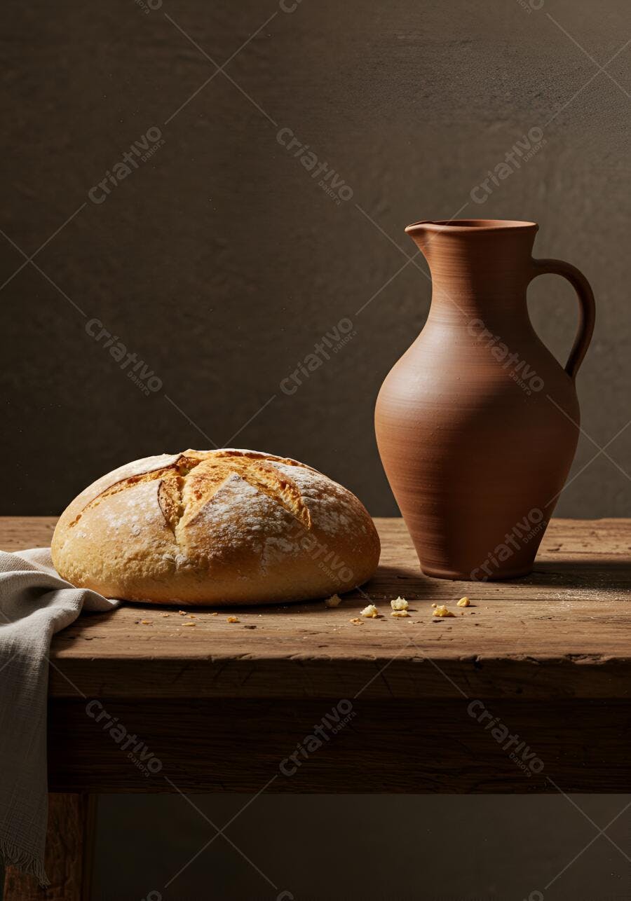 Pão rústico fresco e jarra de barro em mesa de madeira com fundo escuro