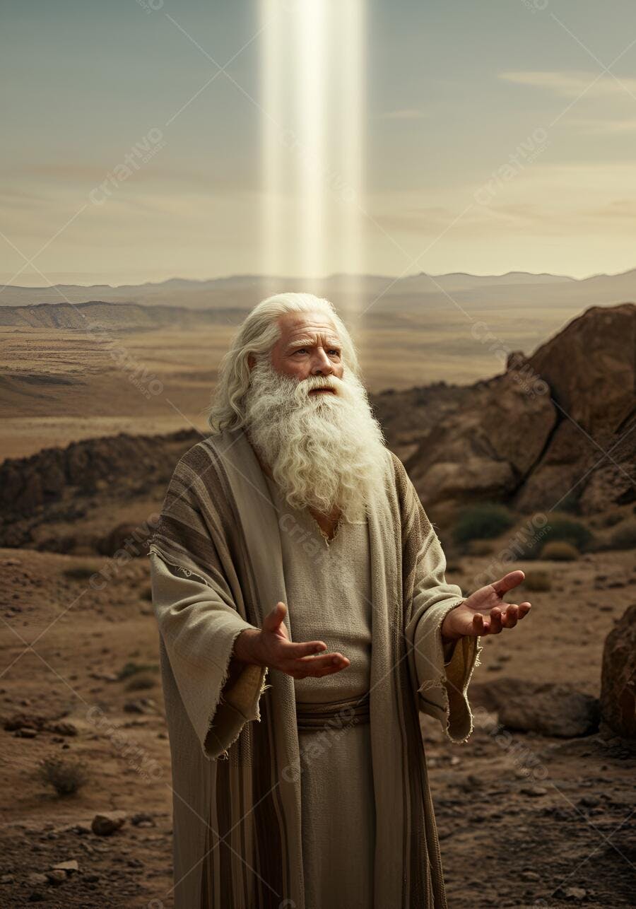 Profeta idoso com barba branca e túnica no deserto sob luz celestial