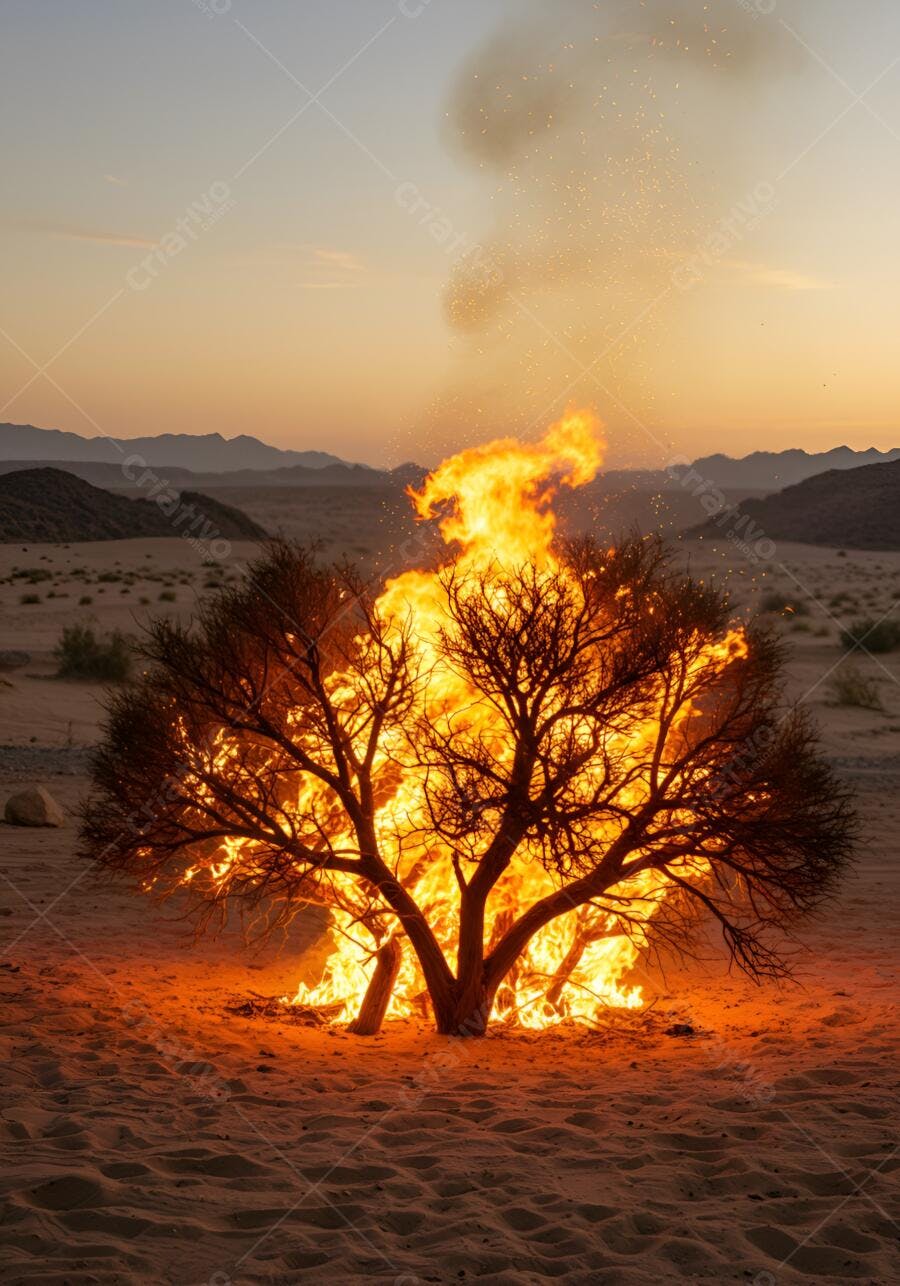 Árvore em chamas no deserto ao entardecer com céu alaranjado