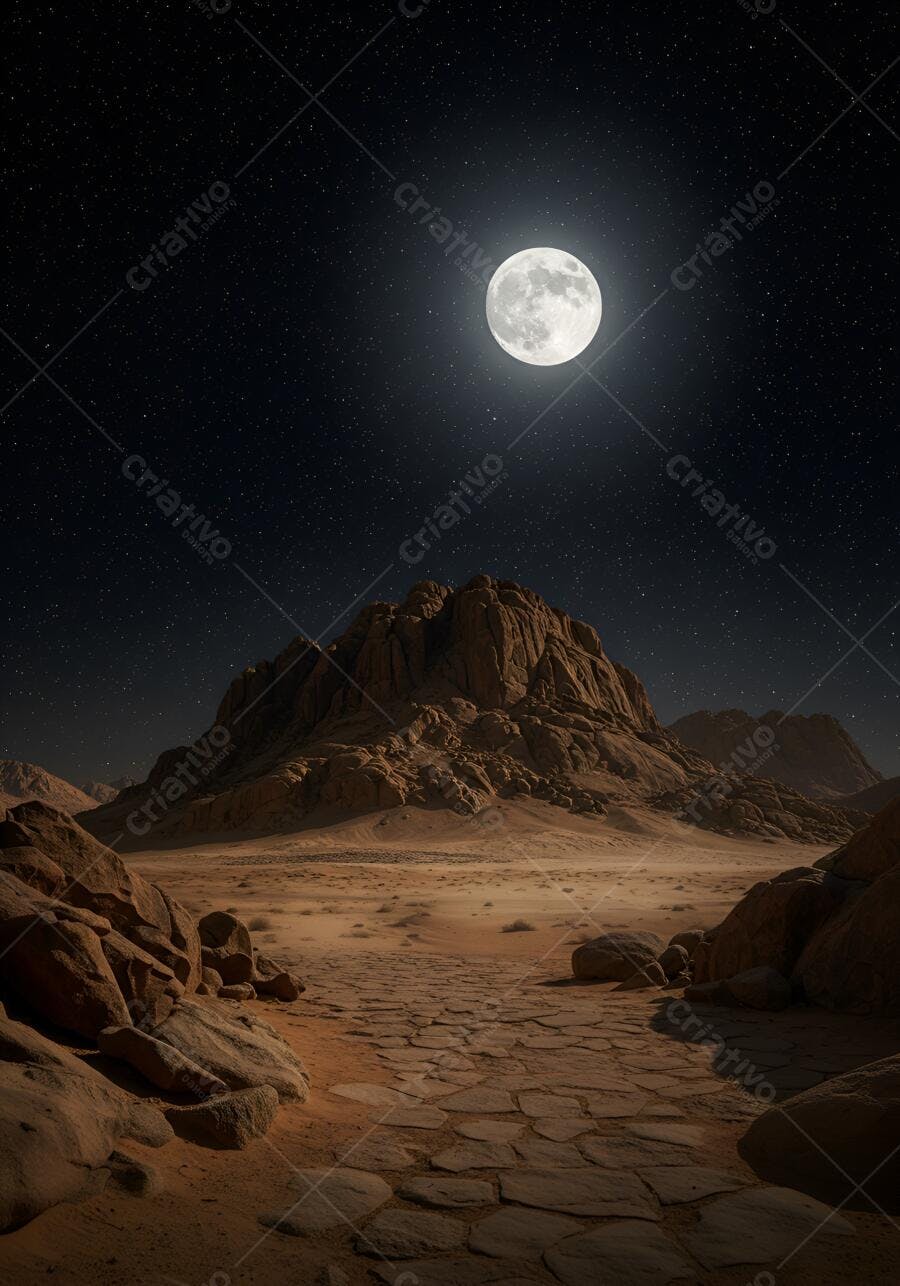 Deserto noturno com lua cheia brilhando sobre montanhas rochosas e caminho de pedras