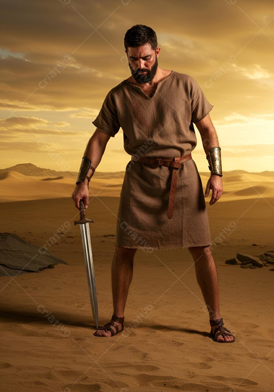 Homem guerreiro de túnica marrom com espada no deserto ao pôr do sol