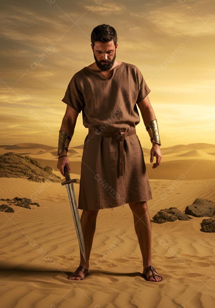 Homem guerreiro antigo com espada em deserto dourado ao entardecer