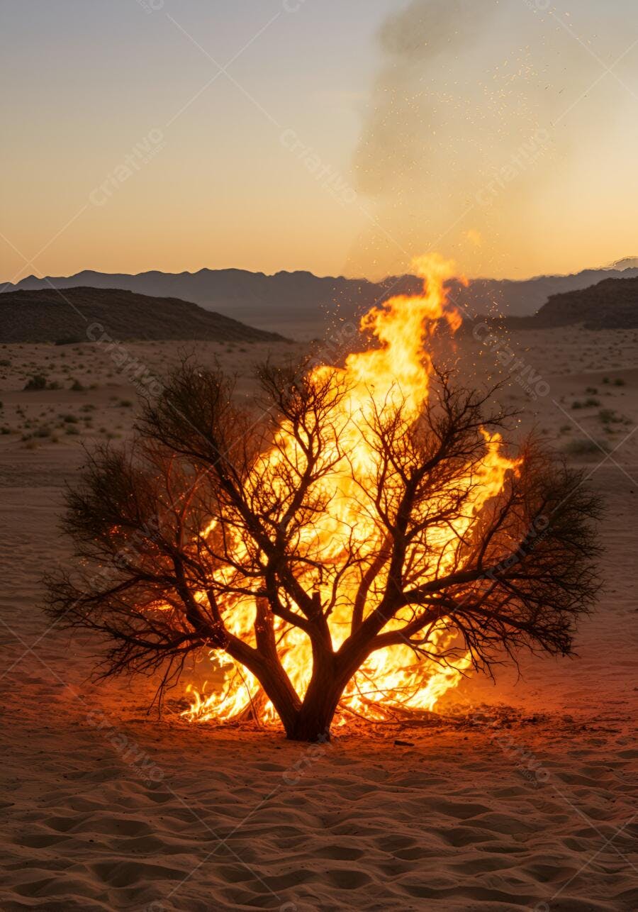 Árvore seca em chamas no deserto cor de areia com pôr do sol laranja