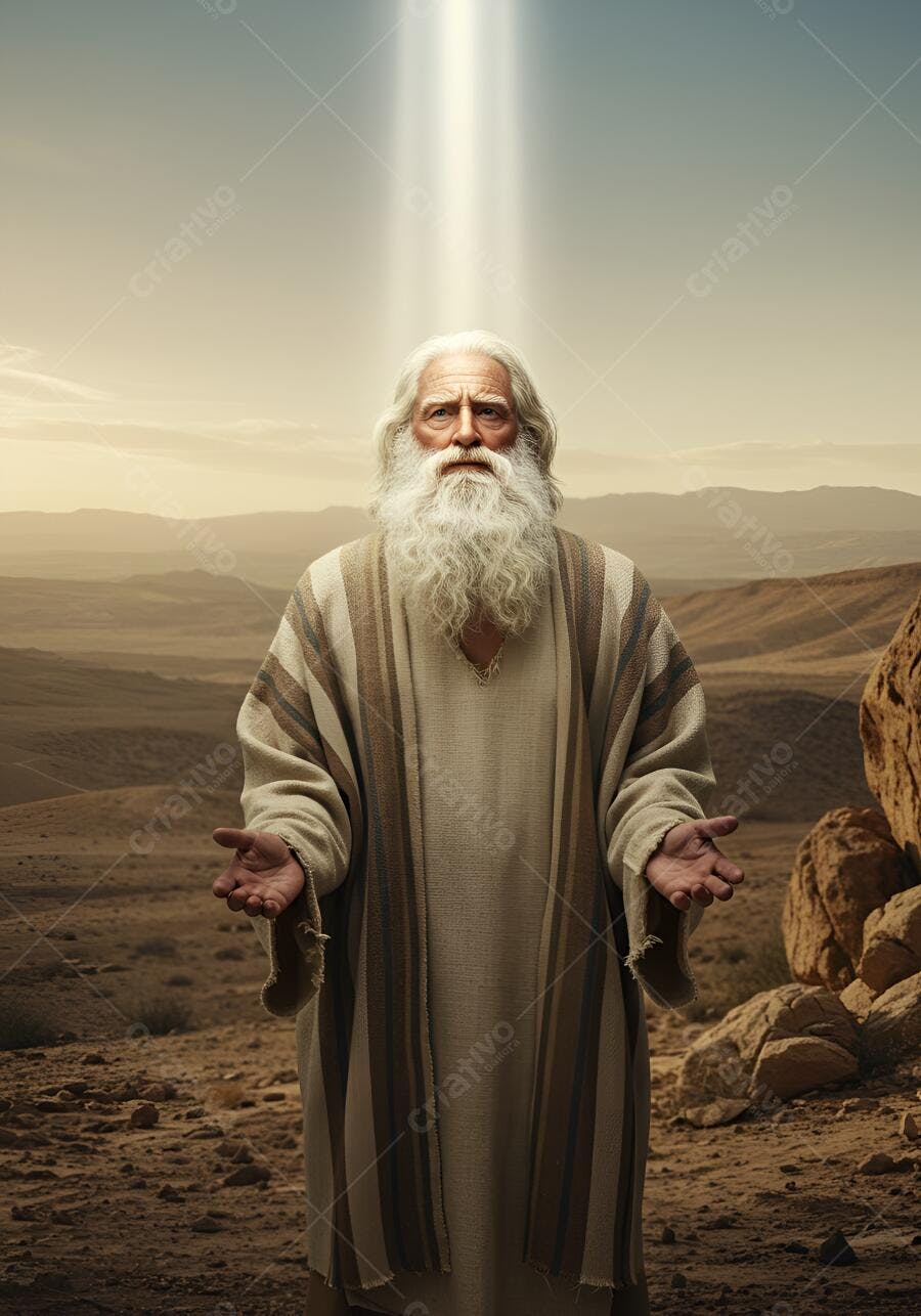 Ancião de barba branca em vestes antigas no deserto sob luz divina celestial