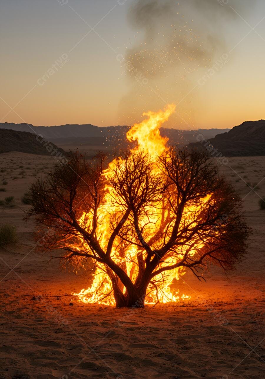 Árvore em chamas no deserto ao pôr do sol com céu alaranjado e galhos secos