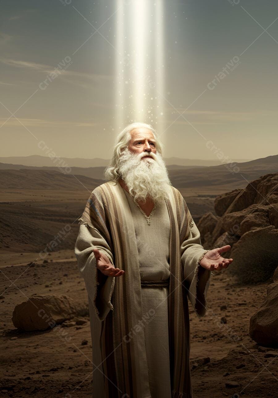 Homem idoso com barba branca em deserto sob luz divina