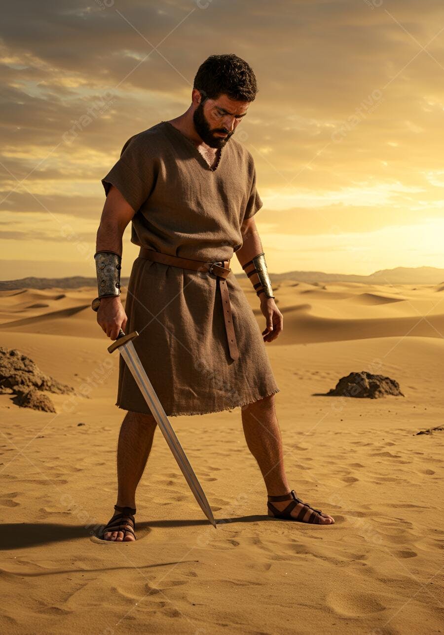 Homem barbudo com túnica e espada no deserto dourado ao pôr do sol
