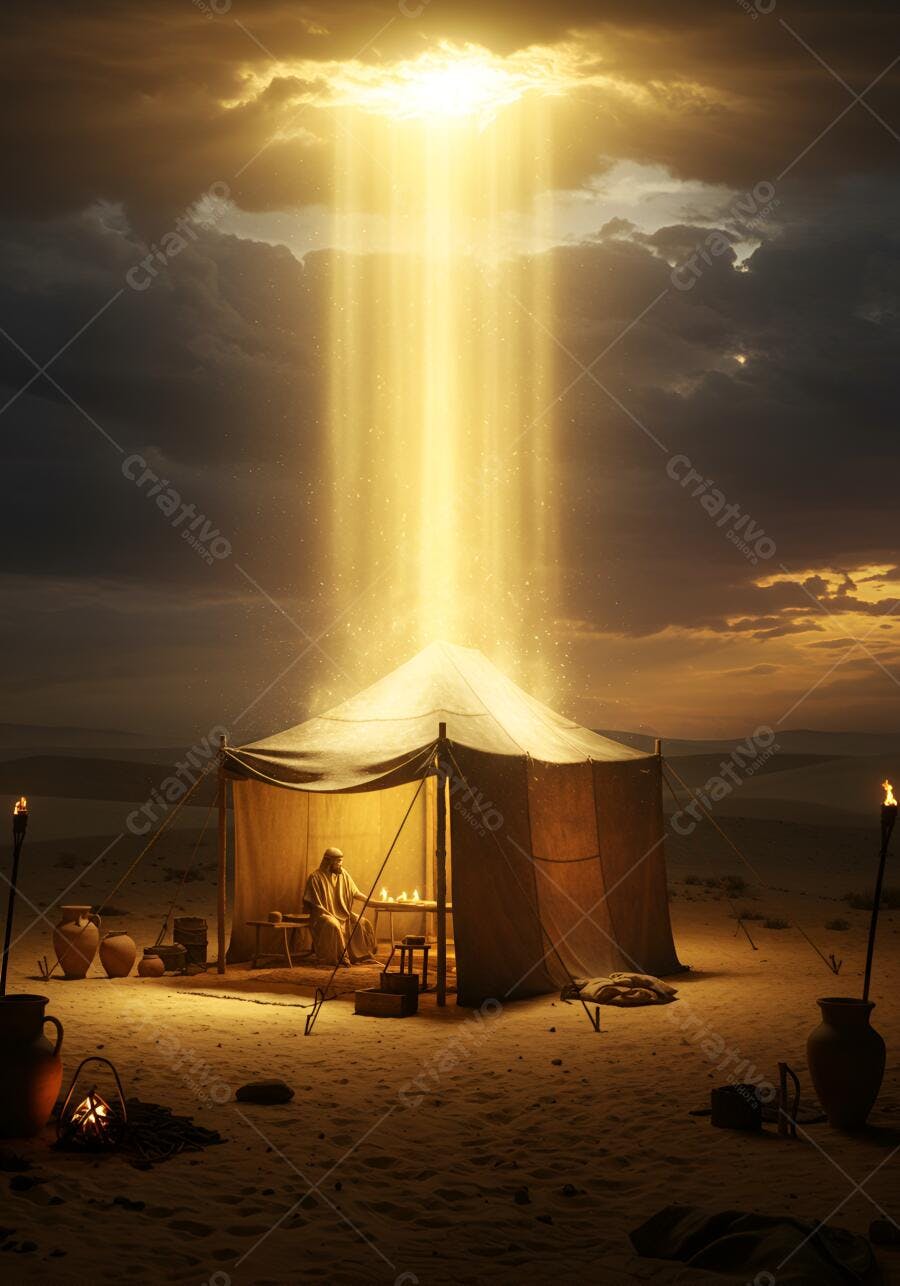 Homem sábio meditando em tenda no deserto sob luz divina