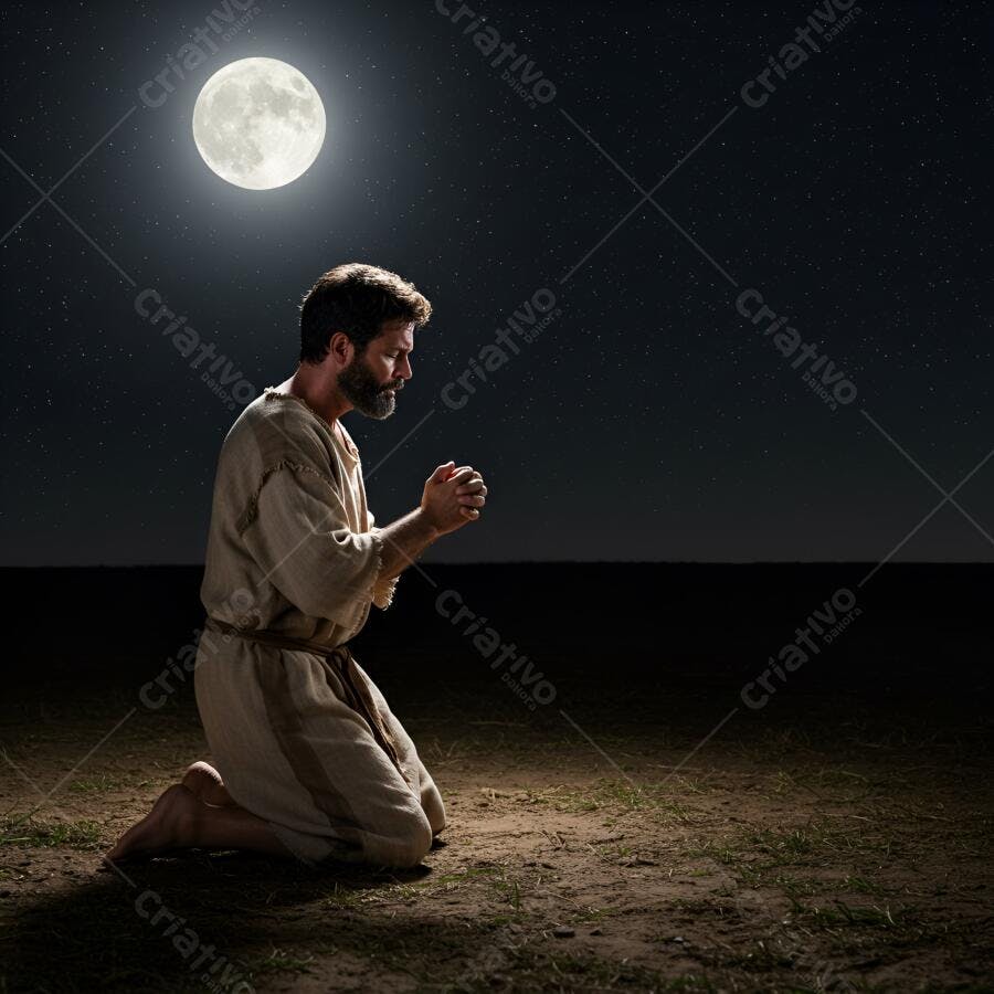 Homem barbudo ajoelhado orando sob a grande lua cheia em noite estrelada