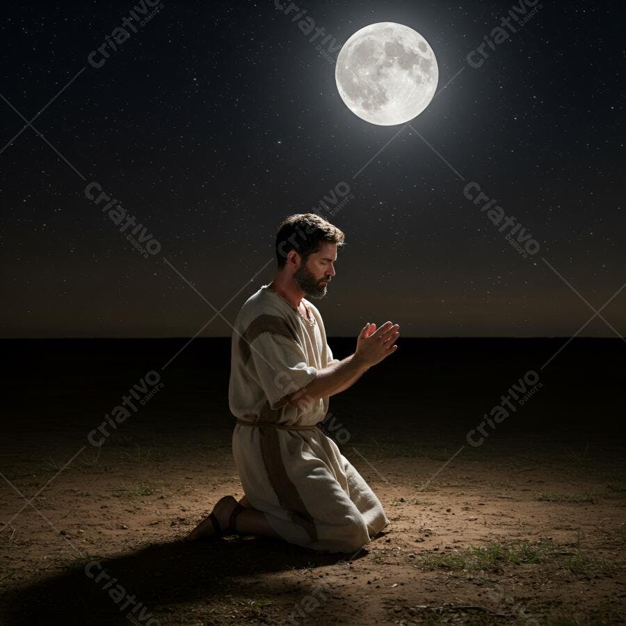 Homem barbudo orando sob lua cheia na noite estrelada