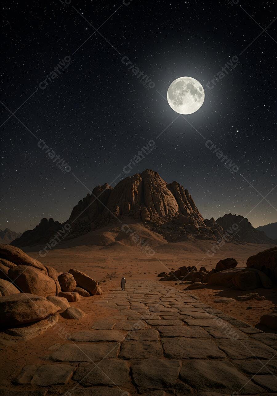 Homem de túnica branca caminhando em caminho de pedra no deserto sob lua cheia estrelada