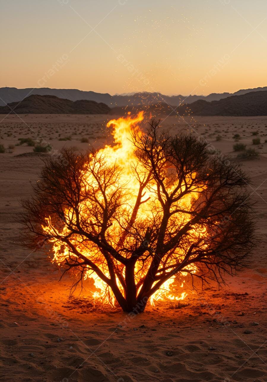 Árvore seca em chamas no deserto ao pôr do sol