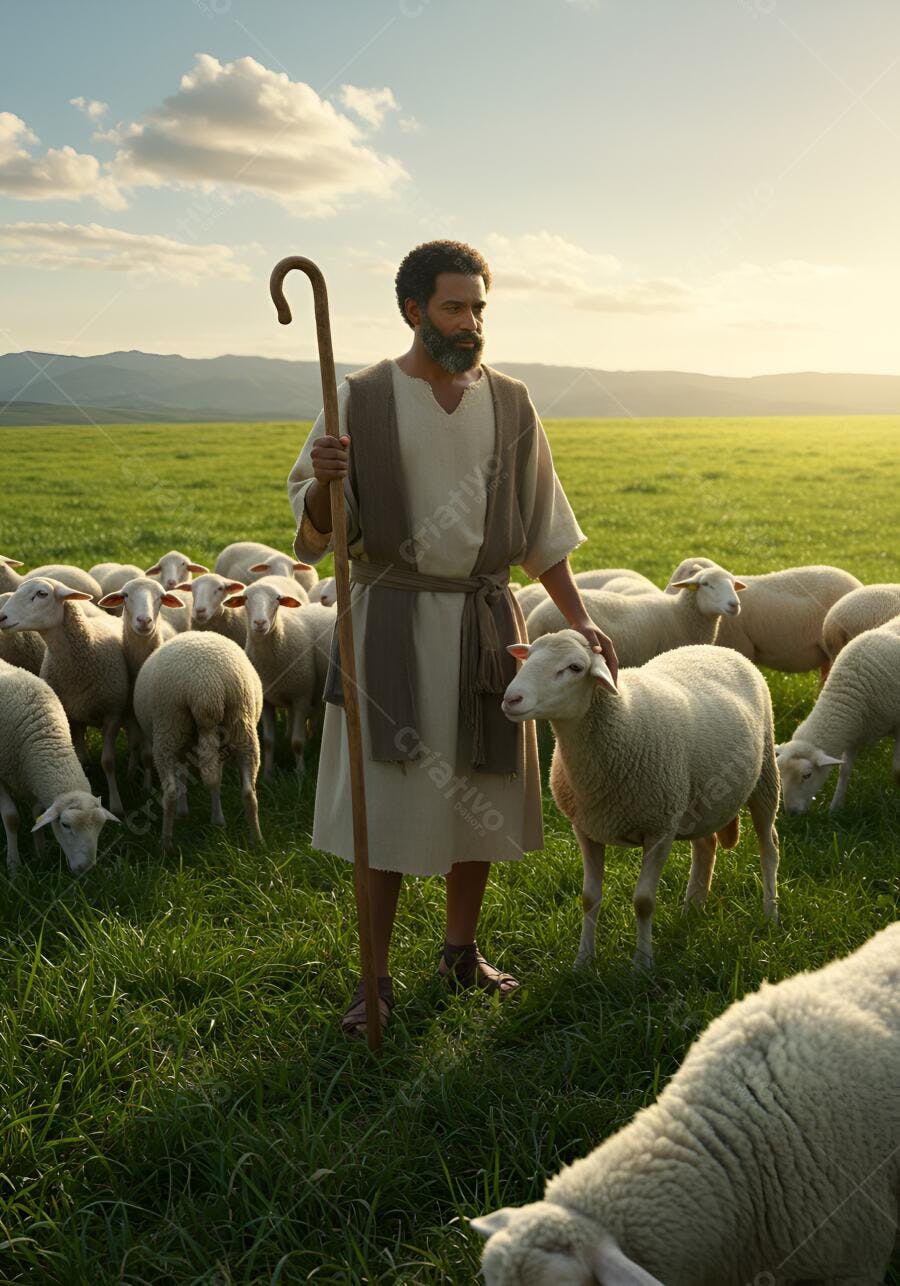Homem pastor oriental médio com ovelhas em campo verde ao pôr do sol dourado